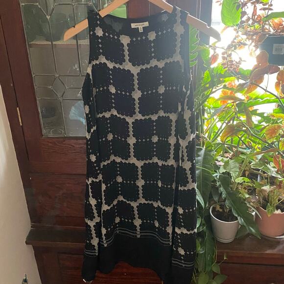 Max Studio Black & Cream Abstract Print A-Line Summer Dress Size Small Midi Glam - Picture 8 of 16